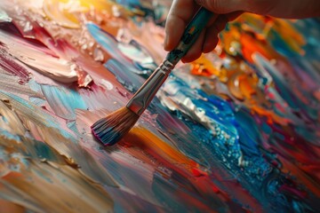 Closeup of an artists hand holding a paintbrush dipped in vibrant oil paints, creating colorful strokes