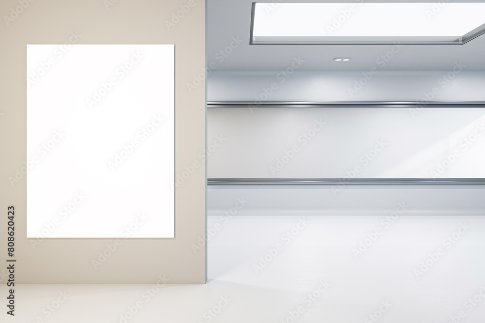 Poster A vertical blank poster in a frame on a beige wall in a modern gallery with white floor, concept of presentation. 3D Rendering
