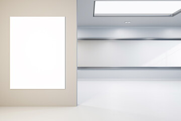 A vertical blank poster in a frame on a beige wall in a modern gallery with white floor, concept of presentation. 3D Rendering