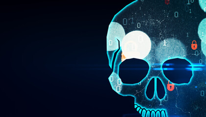 A digital skull with binary code overlay on a dark blue background, concept of cyber security. 3D Rendering