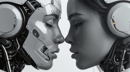 Fototapeta premium A robot hand is touching a human hand