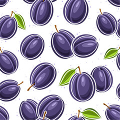 Vector Plum Seamless Pattern, decorative background with flying cartoon plums for wrapping paper, square placard with flat lay outline plum fruits with green leaf on white background for home interior