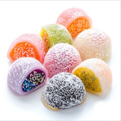 A variety of colorful mochi, a traditional Japanese dessert made from glutinous rice flour. The mochi is filled with a variety of sweet fillings, such as red bean paste, custard, and fruit.