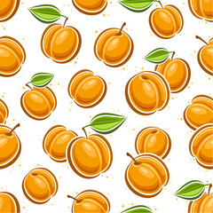Vector Apricot Seamless Pattern, decorative background with flying cartoon ripe apricots for wrapping paper, square placard with flat lay outline raw apricot fruits with green leaf on white background