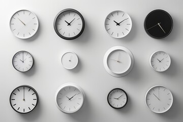 Various modern minimalist clocks of different shapes and sizes neatly arranged on a wall