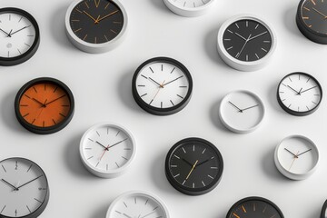 Various modern minimalist clocks of different shapes and sizes neatly arranged on a wall