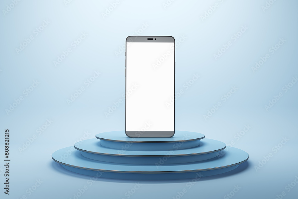 Aufkleber Empty white mock up cellphone on creative blue podium background with mock up place. Product ad concept. 3D Rendering.