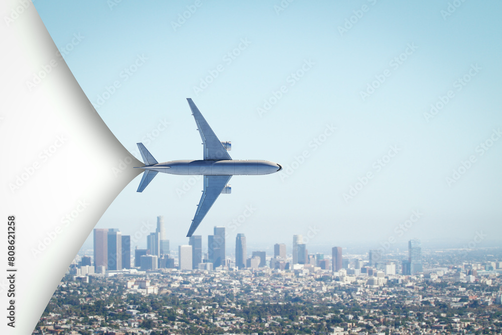 Poster creative airplane on bright city sky background with mock up place. travel and ad banner. 3d renderi