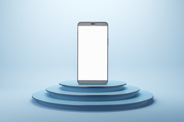 Empty white mock up cellphone on creative blue podium background with mock up place. Product ad concept. 3D Rendering.