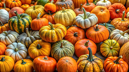 Colorful pumpkins collection on the autumn market. Fall background.