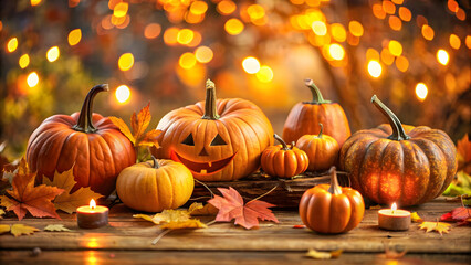 Naklejka na ściany i meble Halloween pumpkins and candles on wooden table with bokeh background