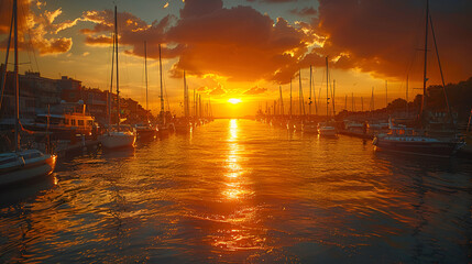 The sun sets over the marina casting a golden gl,
Port-Blanc harbor in the Morbihan gulf