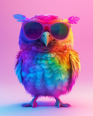 Cute colorful owl with sunglasses on a pink background, with a gradient color style, a rainbow light effect. 3D rendering, digital art. Minimalism