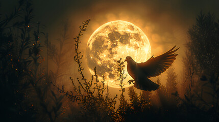 moon and bats,
Silhouette of dove or pigeon carrying olive bran
