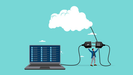 cloud computing technology, cloud storage for data protection or sharing file, technology to communicate with teams while working remotely, businessman or employees connect laptops to cloud computing