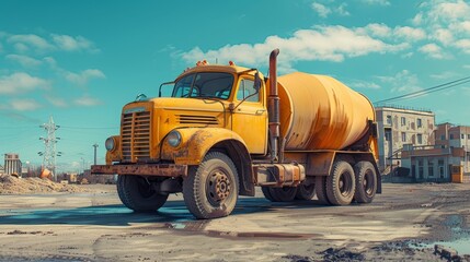 A yellow cement mixer truck is parked in front of a colorful wall
