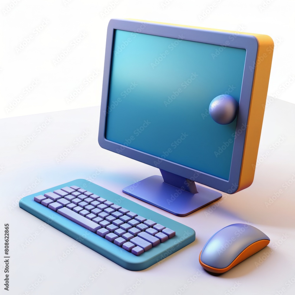 Poster 3d render of a computer monitor with keyboard and mouse on isolated white background, generative ai