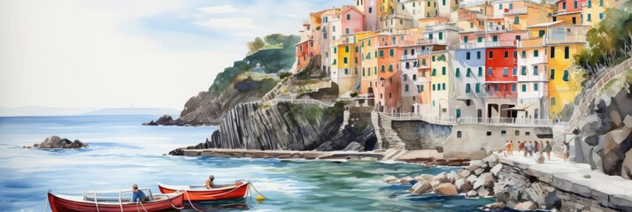 Peaceful fishing village riomaggiore cliffside colorful buildings cinque terre coast. Italian mediterranean europe