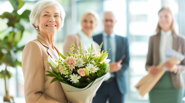 copy space, stockphoto, successful elderly business woman recieving a bouquet. multiracial team is standing around the businesswoman, modern office. Senior business woman going on retirement, pension.
