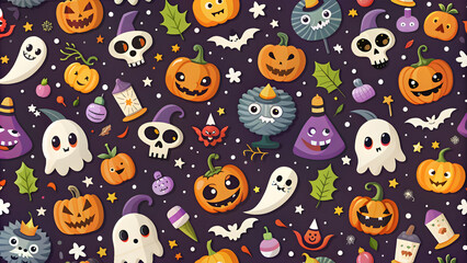 Fototapeta premium Halloween seamless pattern with pumpkins, ghosts, bats, candy, candies