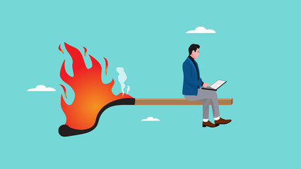 managing project deadline, focused businessman on working on a project using a laptop while sitting on a burning matchstick concept vector illustration