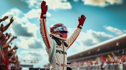Obraz premium Close up of professional racing driver celebrate winning while putting in the air. Racing driver congratulate his success while standing at car competition and raising hand with happiness. AIG42.