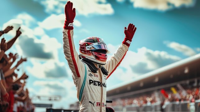Close up of professional racing driver celebrate winning while putting in the air. Racing driver congratulate his success while standing at car competition and raising hand with happiness. AIG42.