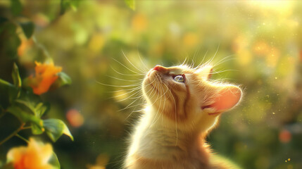Cute ginger kitten playing in the garden on a sunny day