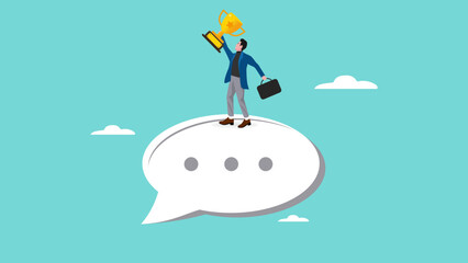 communication skill for success, expertise in sending message or promotions according to the target audience, successful businessman holding success trophy on speech bubble concept vector illustration