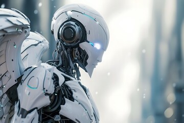 Fototapeta premium Futuristic Robot with Glowing Eyes in Snowy Sci Fi Setting