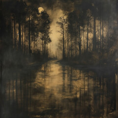 A painting of a forest with a moon in the sky