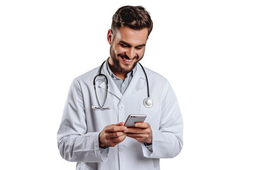 Cheerful young doctor in white coat smiling while looking at screen of his phone on isolated transparent background