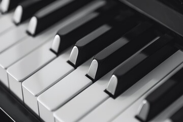 Close-up monochrome piano keyboard with black and white grayscale musical instrument keys