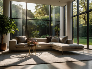 A living room with floor to ceiling windows overlooking a lush green garden,illustration