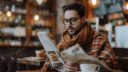 A handsome young man reading a newspaper while enjoying a cup of coffee at a cafe - cropped