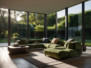 A living room with floor to ceiling windows overlooking a lush green garden,illustration