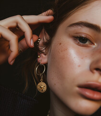 Earrings close up. Model wearing gold circle charm earrings hanging from her earlobe. She has brown hair.