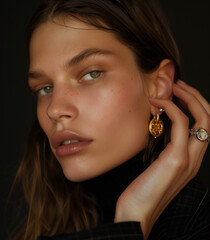 Earrings close up. Model wearing gold circle charm earrings hanging from her earlobe. She has brown hair.