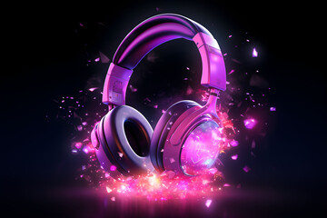 Headphones engulfed in pink flames against black background. Neon colors illustration.