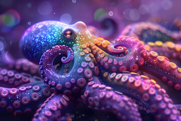 Vibrant octopus close up with purple and rainbow colors. Surreal underwater world illustration.