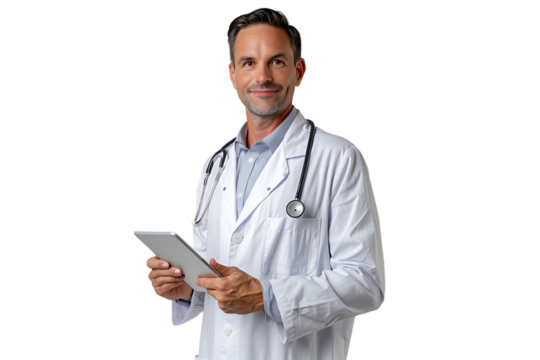 Handsome man doctor standing holding tablet on isolated transparent background