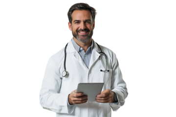 Handsome man doctor standing holding tablet on isolated transparent background