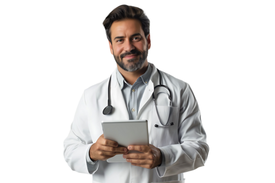 Handsome man doctor standing holding tablet on isolated transparent background - Powered by Adobe