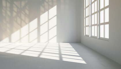Empty white room with windows and sunlight - ai generative