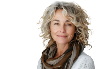 Happy blond haired mid aged woman standing on isolated transparent background