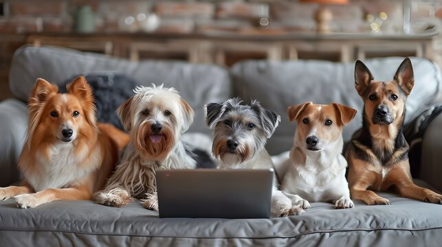 Dog is working with computer technology background, group of dogs are online video call meeting at living room home office. Funny pet creative animal concept surreal editorial commercial ads wallpaper