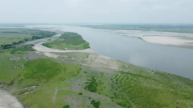 Drone view shot of asian largest river island majuli  Island.