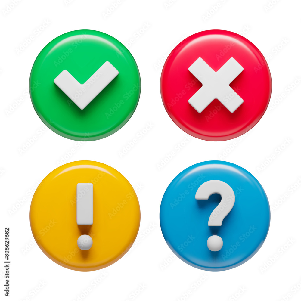 Aufkleber acceptance, rejection, question and attention check marks in glossy circles set, 3d buttons. right, 
