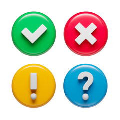 Acceptance, rejection, question and attention check marks in glossy circles set, 3d buttons. Right, wrong, interrogation and exclamation signs three-dimensional rendering vector illustration