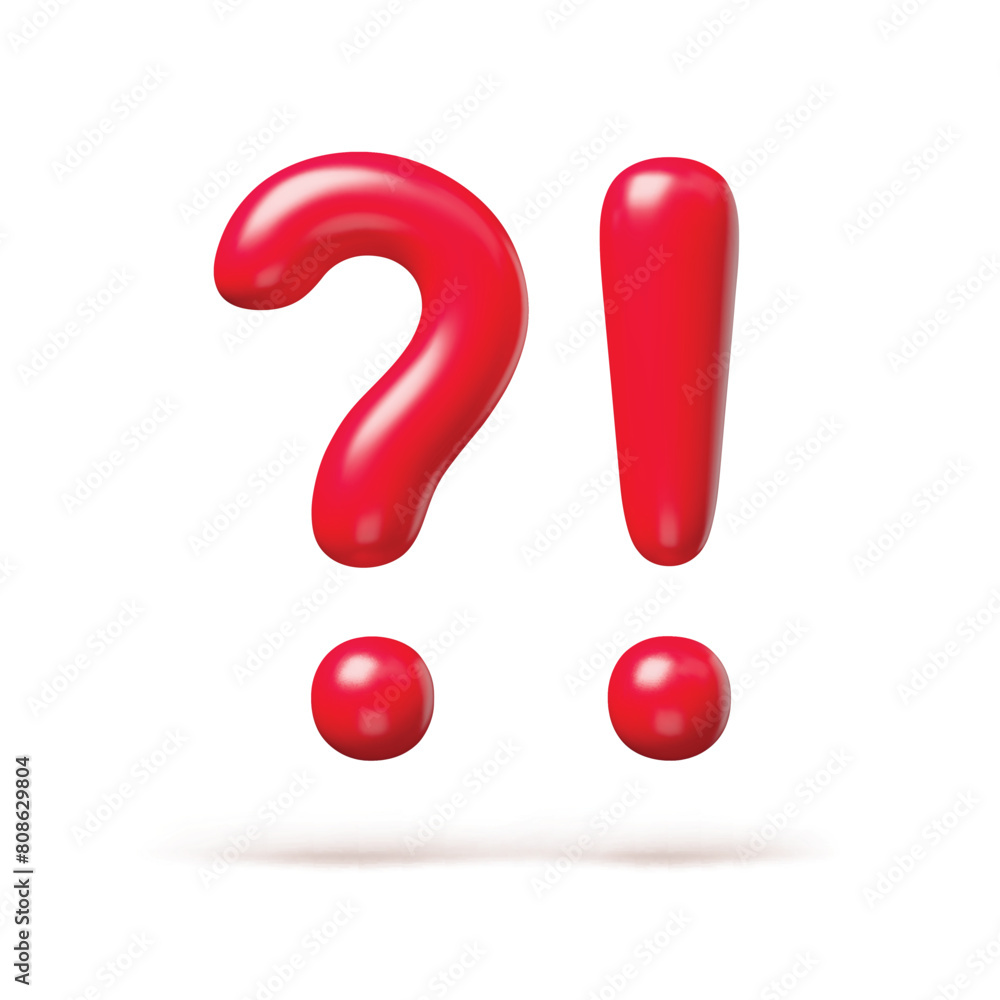 Fototapete Red question and exclamation signs realistic 3d symbols. Glossy exclamation and question punctuation marks, attention signals three-dimensional rendering vector illustration